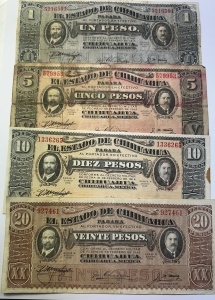 Set bancnote revoluționare Mexic 1914 – El Estado de Chihuahua (1, 5, 10, 20 Pesos) - Img 1