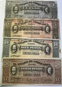 Set bancnote revoluționare Mexic 1914 – El Estado de Chihuahua (1, 5, 10, 20 Pesos)