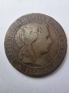Spania - 1868 – Regina Isabella II – 5 Céntimos de Escudo - Img 1