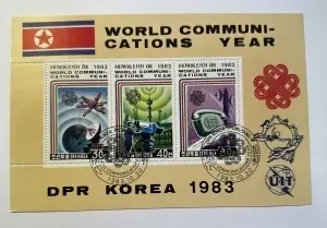 Bloc filatelic emis de Republica Populară Democrată Coreeană (DPR Korea) în anul 1983, cu ocazia „Anului Mondial al Comunicațiilor”.