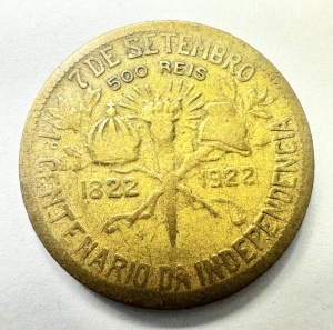 Moneda Brazilia - Comemorativa - Centenarul Independenței Braziliei (1822–1922) - 500 Reis 1922 - Img 2