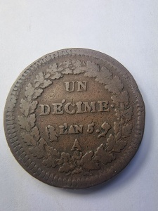 Monedă Franța – 1 Décime – L’An 5 (1796–1797) – Atelier A Paris – Prima Republică - Img 2