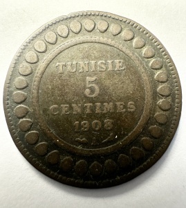 Moneda Tunisia - Protectorat Francez - Muhamad al-Nasir Bey - 5 Centimes 1908