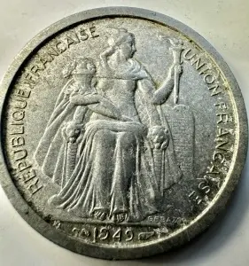 NOUA CALEDONIE - TERITORIU FRANCEZ DIN PACIFIC - 2 FRANCS 1949 - Img 2