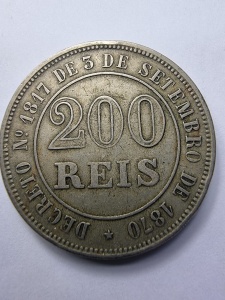 🪙 Brazilia – 200 Réis 1871 – Imperiul Braziliei - PEDRO II - Img 1