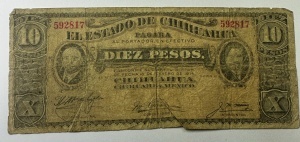 Bancnota Istorica - Mexic – El Estado de Chihuahua, 10 Pesos, 1914