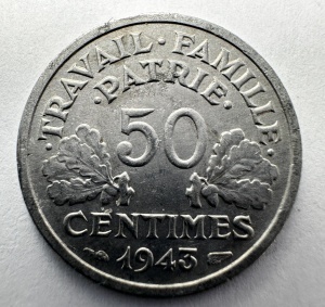 Lot Monede Franta - 50 Centimes / 1 Franc / 2 Francs 1943 - Img 3