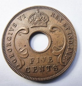 Moneda Africa de Est Britanica - George VI - 5 Cents 1942 - Img 2