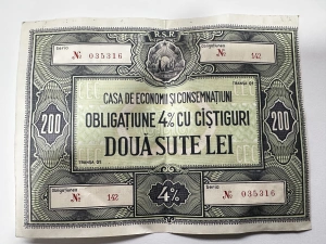Obligatiune C.E.C. de 200 lei, cu dobândă de 4% și câștiguri prin tragere la sorți, emisă în perioada Republicii Socialiste România (1965–1989).