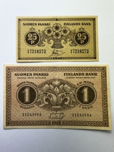 Set bancnote Finlanda 1918 – 25 Penniä & 1 Markka – Primele emisiuni după independența de Rusia - Img 1