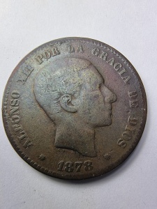 Spania – 10 Céntimos 1878 – Regele Alfonso XII - Img 1