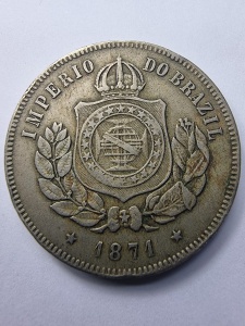 🪙 Brazilia – 200 Réis 1871 – Imperiul Braziliei - PEDRO II - Img 2
