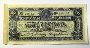 Bancnotă colonială Mozambique – 20 Centavos 1933, Companhia de Moçambique - Img 1