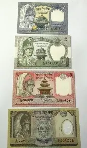 Set Bancnote - Regatul Nepalului - Regele Birendra Bir Bikram Shah - 1/2/5/10 Rupees ( 1980-1990 )