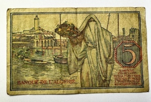 5 Francs, emisă de Banque de l’Algérie la 7 ianuarie 1942, destinată circulației în Tunisia în perioada protectoratului francez și a celui de-Al Doilea Război Mondial. - Img 2