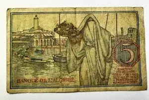 Bancnota Coloniala - 5 Francs, emisă de Banque de l’Algérie la 7 ianuarie 1942, destinată circulației în Tunisia în perioada protectoratului francez și a celui de-Al Doilea Război Mondial. - Img 2