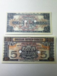 Bancnote militare britanice WWII – 1 Shilling & 5 ( 1946-1948 ) - Img 1