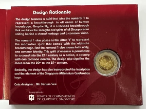 Monedă comemorativă bimetalică de 5 dolari, emisă de Singapore în anul 2000 pentru celebrarea noului mileniu. - Img 3