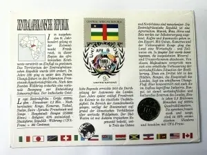 Republica Centrafricană 1991 – Plic filatelico-numismatic Ziua Mondială a Alimentației + monedă 5 Francs necirculată (UNC) + timbru ștampilat Bangui - Img 2