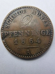 2 Pfennige 1864, Prusia (Regatul Prusiei)