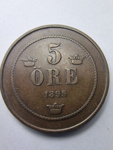 5 Öre 1895 – Suedia, Regele Oscar II ( Uniunea SUEDIA - NORVEGIA ) - Img 1