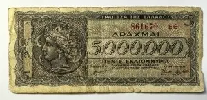 Bancnota Grecia - 5000000Drahme 1944 - emisă în perioada ocupației germane și italiene din Al Doilea Război Mondial.