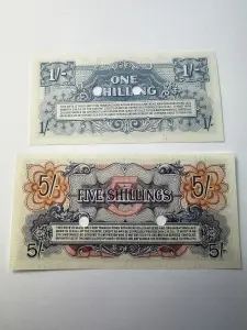Bancnote militare britanice WWII – 1 Shilling & 5 ( 1946-1948 ) - Img 2