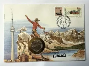 Canada 1988 – Plic filatelico-numismatic + monedă 25 cents necirculată (UNC) + timbre ștampilate Québec