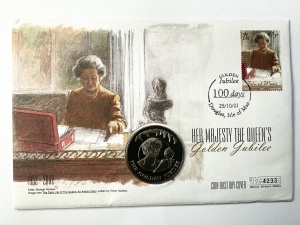 Falkland Islands 50 Pence 2001 – Plic FDC „Her Majesty The Queen’s Golden Jubilee” cu monedă comemorativă și timbru prima zi (Isle of Man)