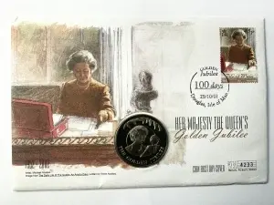 Falkland Islands 50 Pence 2001 – Plic FDC „Her Majesty The Queen’s Golden Jubilee” cu monedă comemorativă și timbru prima zi (Isle of Man)