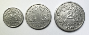 Lot Monede Franta - 50 Centimes / 1 Franc / 2 Francs 1943