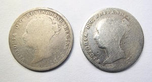 Set Monede Argint 0.925 - Regatul Unit - Victoria - 3 Pence 1880 + 4 Pence 1854