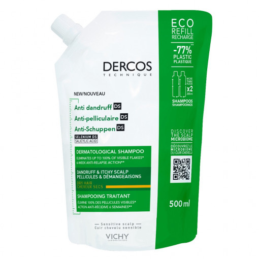 Rezerva eco sampon anti-matreata pentru par normal-uscat Dercos 500 ml Vichy