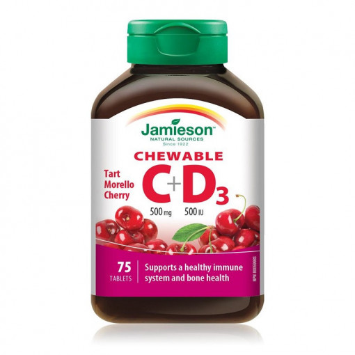 Vitamina C 500 mg + Vitamina D3 500 UI cu aroma de cirese 75 comprimate masticabile Jamieson