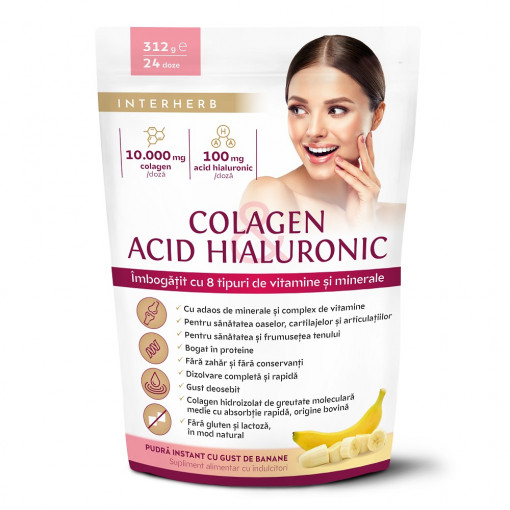 Pulbere instant de colagen si acid hialuronic cu gust de banane Shake 312 g Interherb