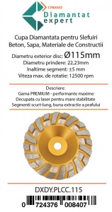 Disc cupa diamantata cu dinti alternativi pentru slefuire rapida de Beton si Abrazive 115mmx22,2mm PREMIUM - DXDY.PLCC.115 - Img 4