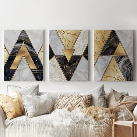 Set 3 Tablouri - Modern marble triangles with gold