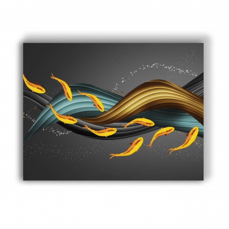 Tablou Canvas Golden Fishes And 3d Waves - Img 4