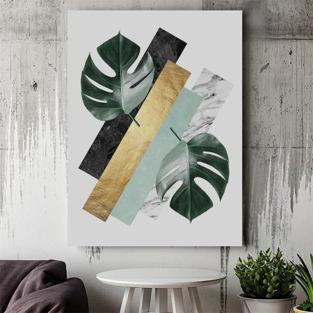Tablou Canvas Modern Abstract - Exotic leaves in green and gold