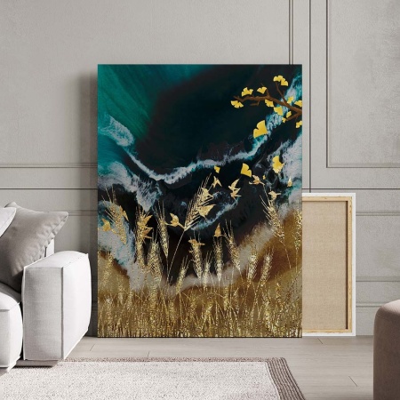 Tablou Canvas Modern Abstract - Golden field and ginseng leaves - Img 2
