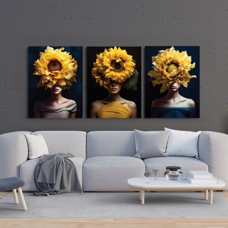 Set 3 Tablouri Canvas „Yellow Bloom Ladies” - Femei cu flori galbene - Img 2