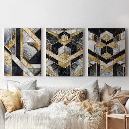 Set 3 Tablouri - Complex geometrical shapes with marble and gold
