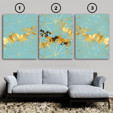 Set 3 Tablouri Elegante - Golden Splash On Light Blue (ZAZ 009, 019, 029) - Img 4
