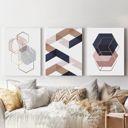 Set 3 Tablouri - Minimalist hexagones and shapes