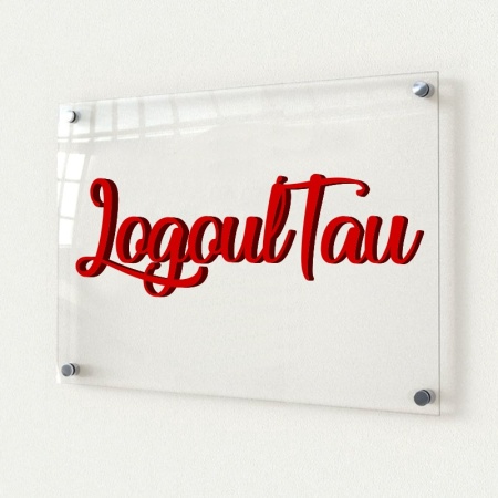 Sigla din plexiglass decupata pe contur pe baza de plexi transparent 20x30cm