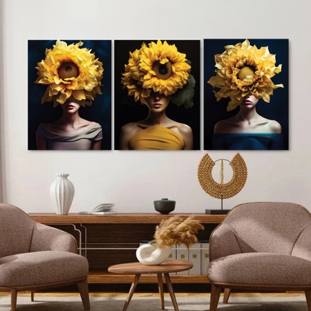 Set 3 Tablouri Canvas „Yellow Bloom Ladies” - Femei cu flori galbene - Img 3