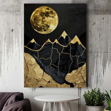 Tablou Canvas Modern Abstract - Peisaj cu luna si munti aurii - Img 3