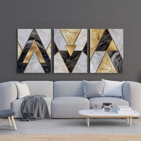 Set 3 Tablouri - Modern marble triangles with gold - Img 2