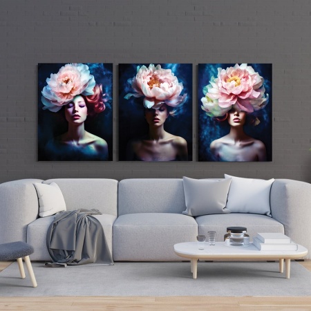 Set 3 Tablouri Canvas „Peony Ladies” - “Femei cu bujori”