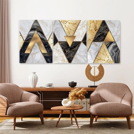 Set 3 Tablouri - Modern marble triangles with gold - Img 3